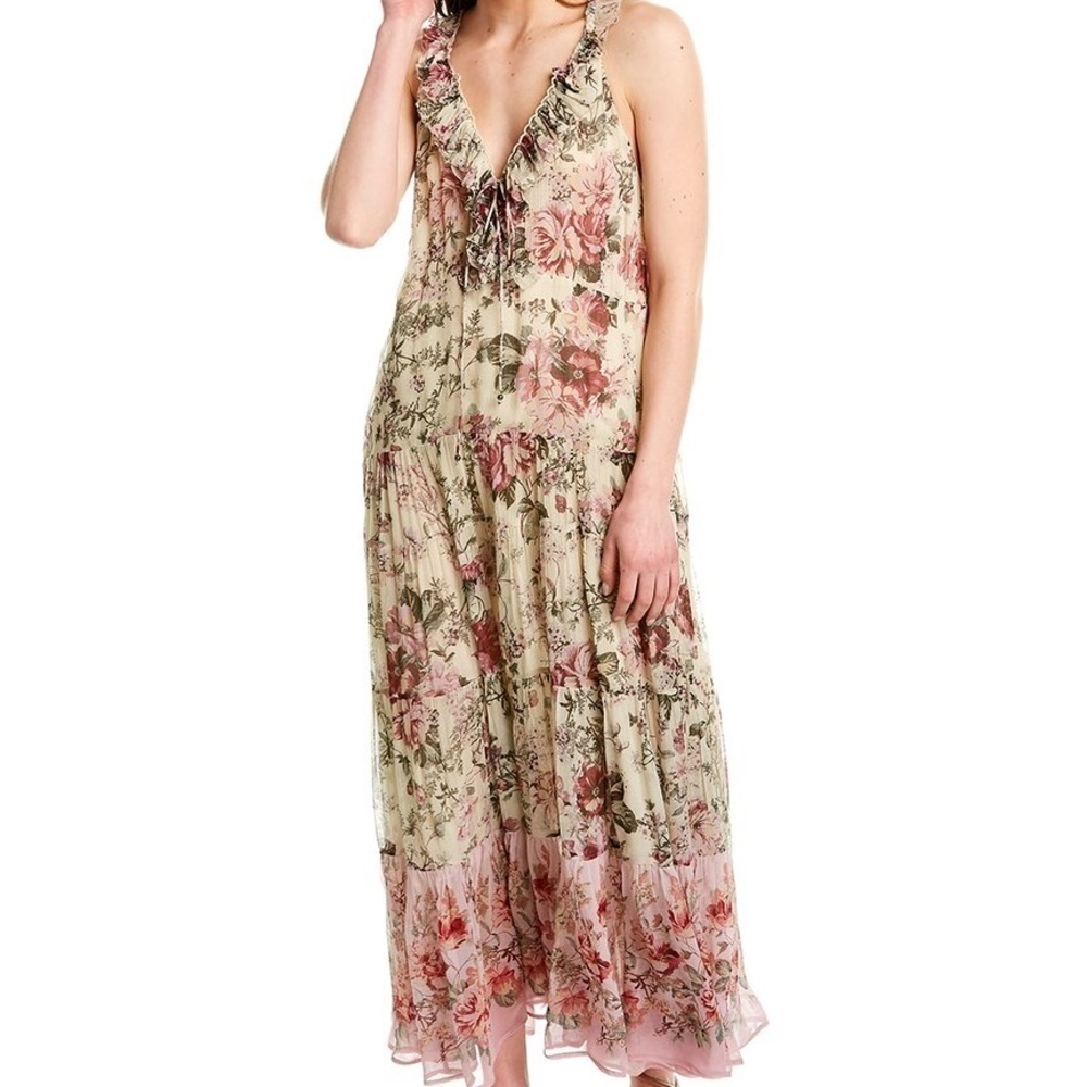 New Secret Mission Emmeline Silky Maxi Dress Garden Floral Ruffle Hem Xs